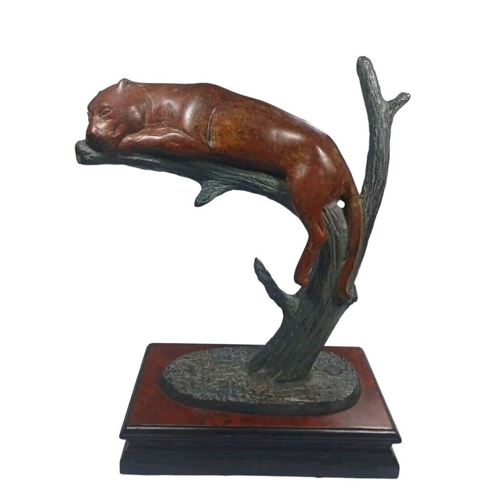 OOAK Art Deco 15 X 13 Bronze Sculpture Sleeping Jaguar On Tree Branch Panther